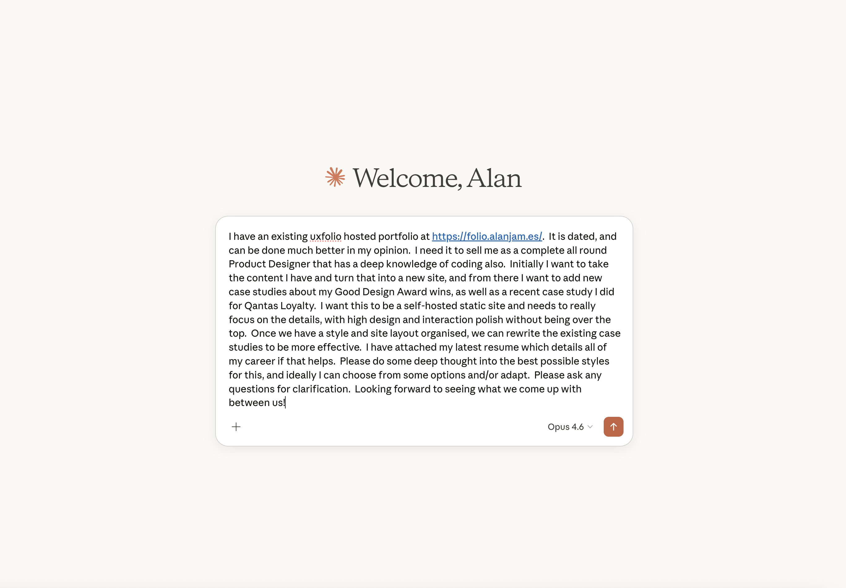 The initial prompt that started this portfolio — Welcome, Alan