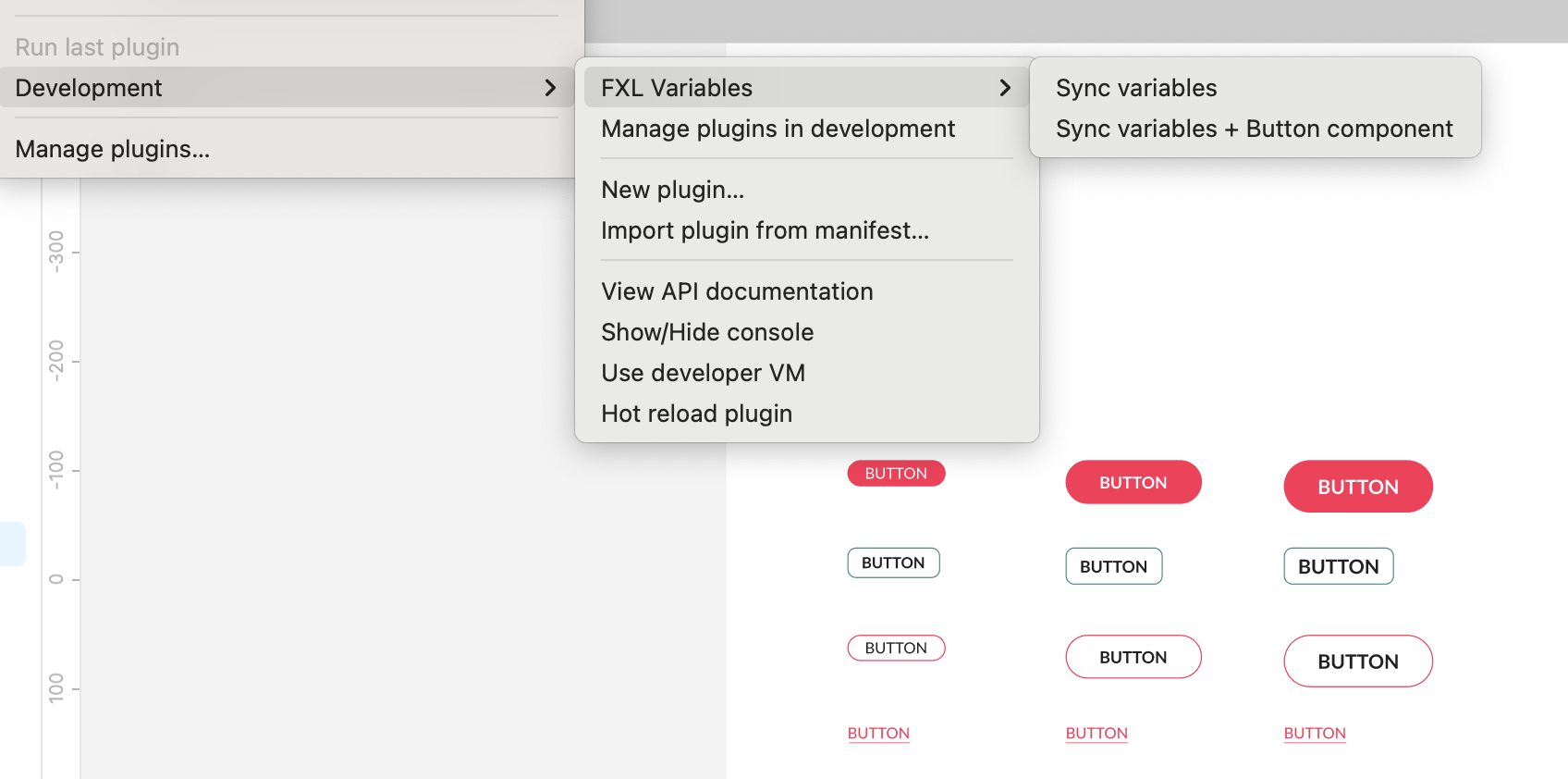 The FXL Variables plugin menu in Figma, and the corrected Button variant matrix it builds