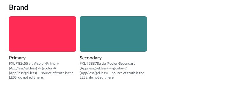 Brand token swatches on the published Flightcase site, each caption carrying its resolution chain