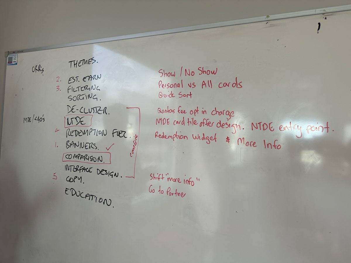 Whiteboard showing experiment theme classifications — filtering, sorting, de-clutter, interface design, copy, education