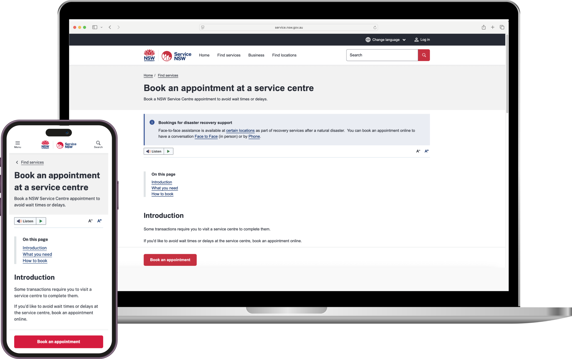 Service NSW booking page on desktop and mobile